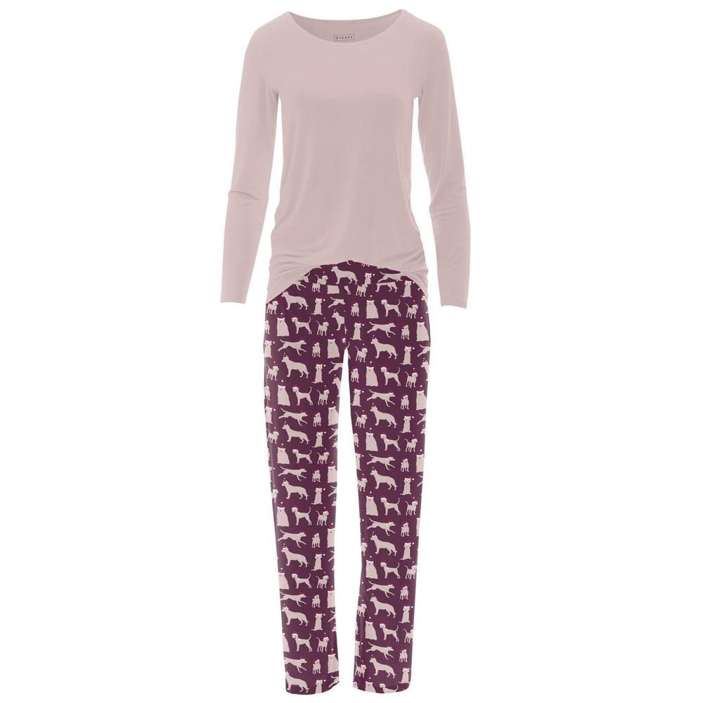 NEW KICKEE women's long sleeve tee & pajama pants set in melody santa dogs